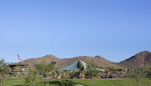 Park lawn and desert peaks at Fireside in Norterra, north Phoenix